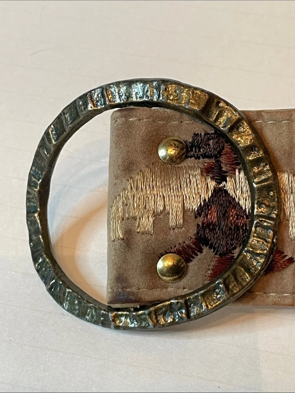 Vintage Indian Eagle Hammered Oval Ring Buckle & Embroidered Suede Belt Men's